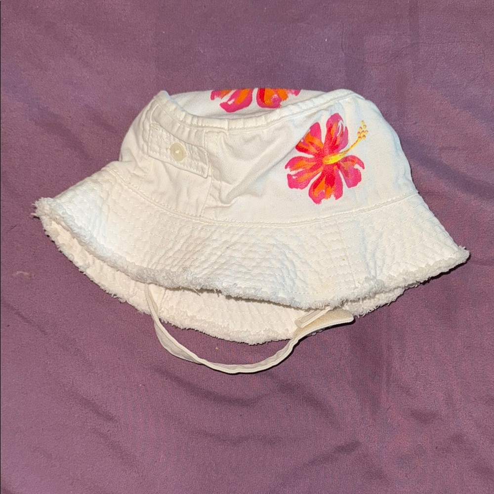Floral Kids Bucket Hat - White with Pink and Orange Floral Accents